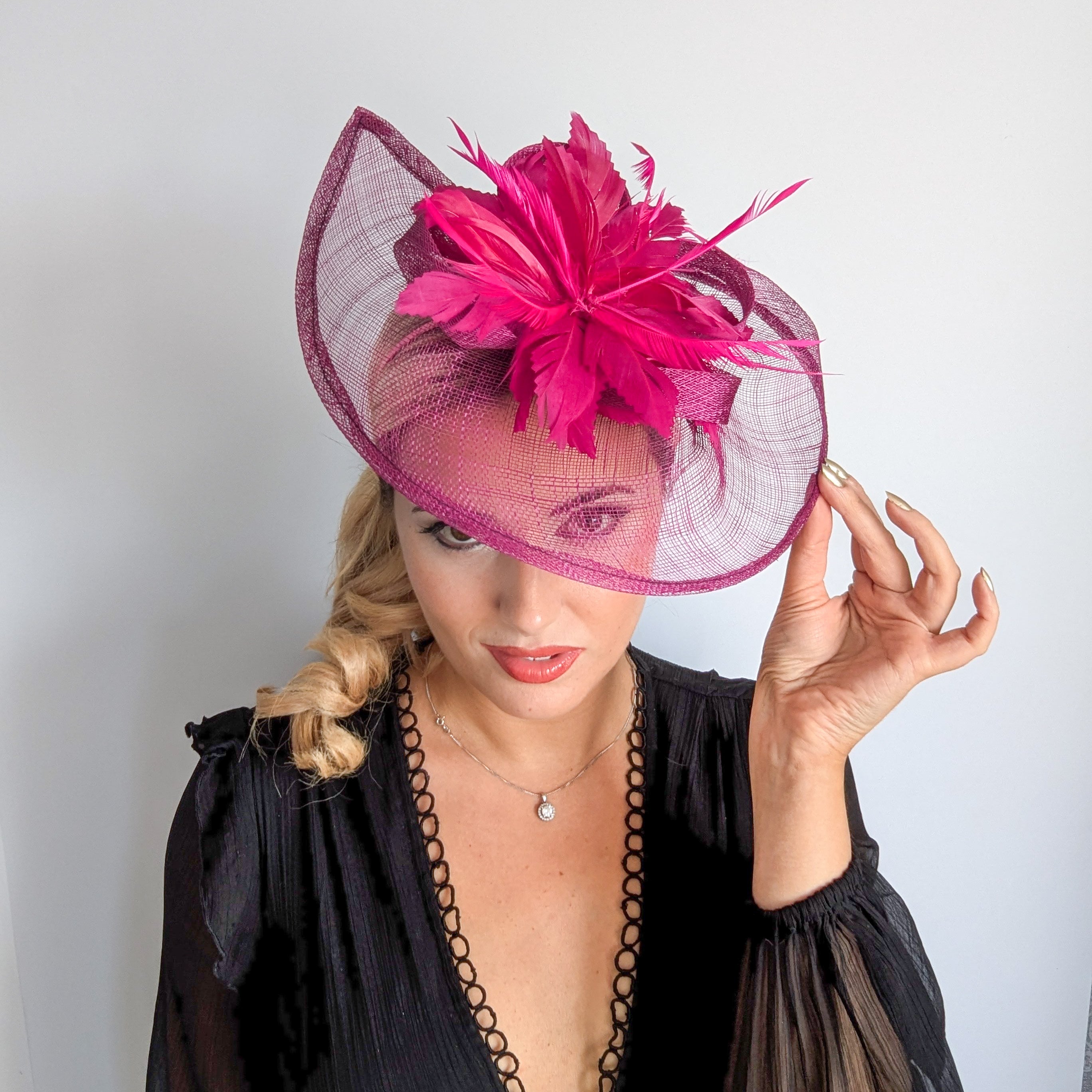 Magenta pink feather large teardrop fascinator hat