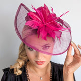 Magenta pink feather large teardrop fascinator hat
