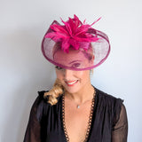 Magenta pink feather large teardrop fascinator hat