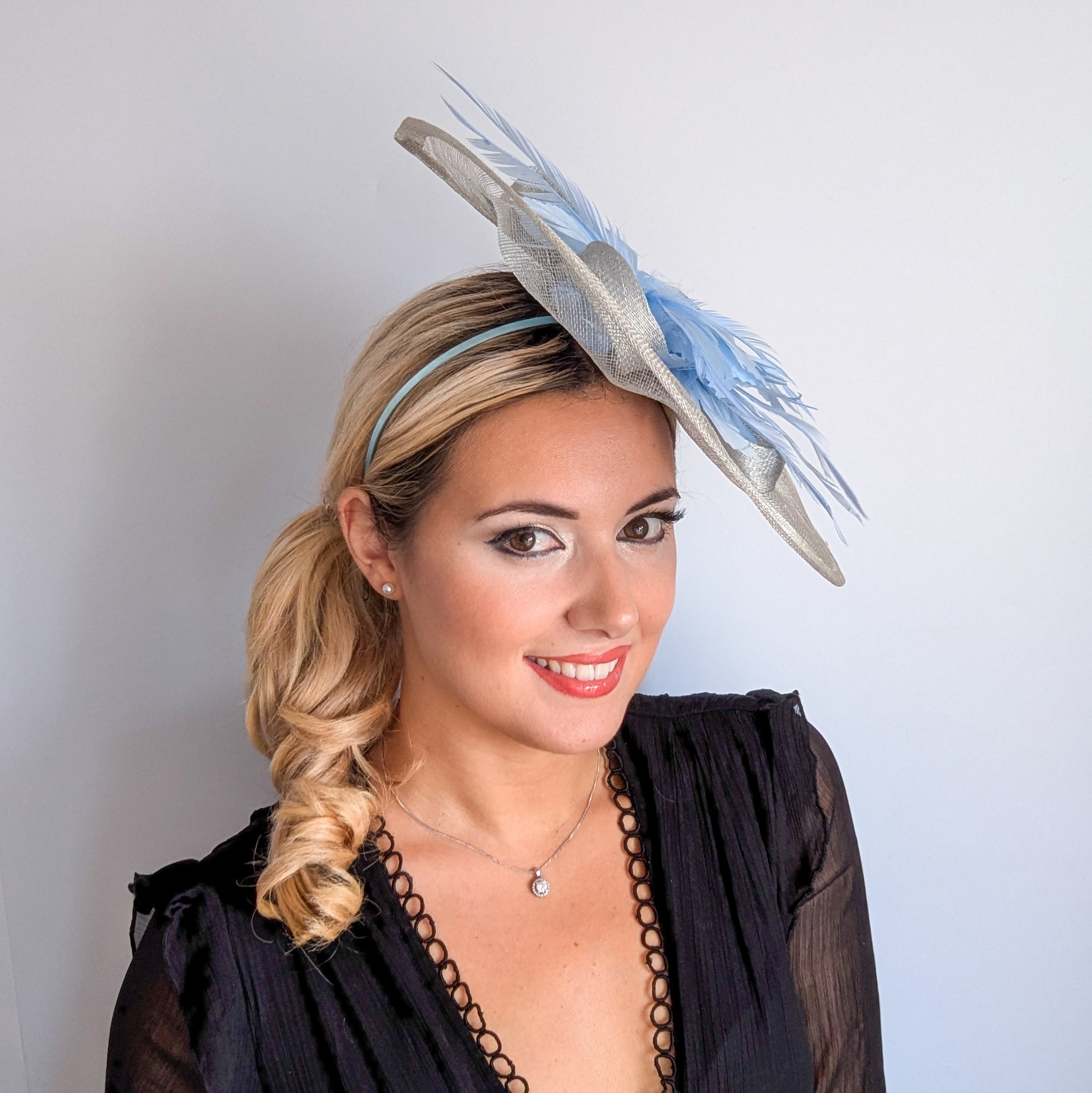 Aquamarine blue feather large teardrop fascinator hat