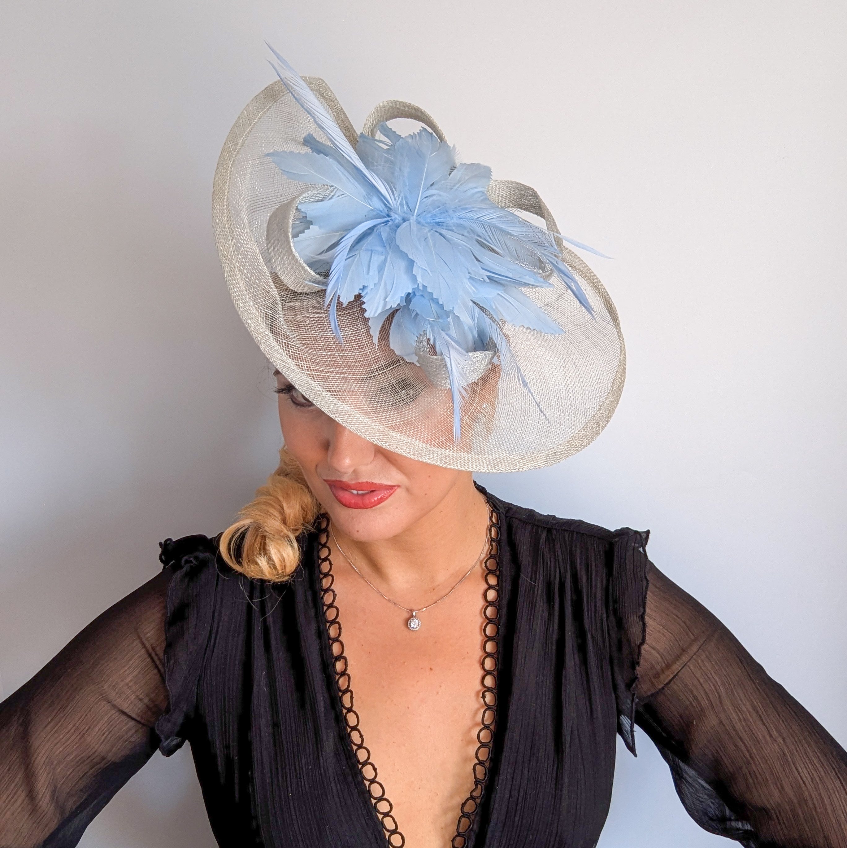 Aquamarine blue feather large teardrop fascinator hat
