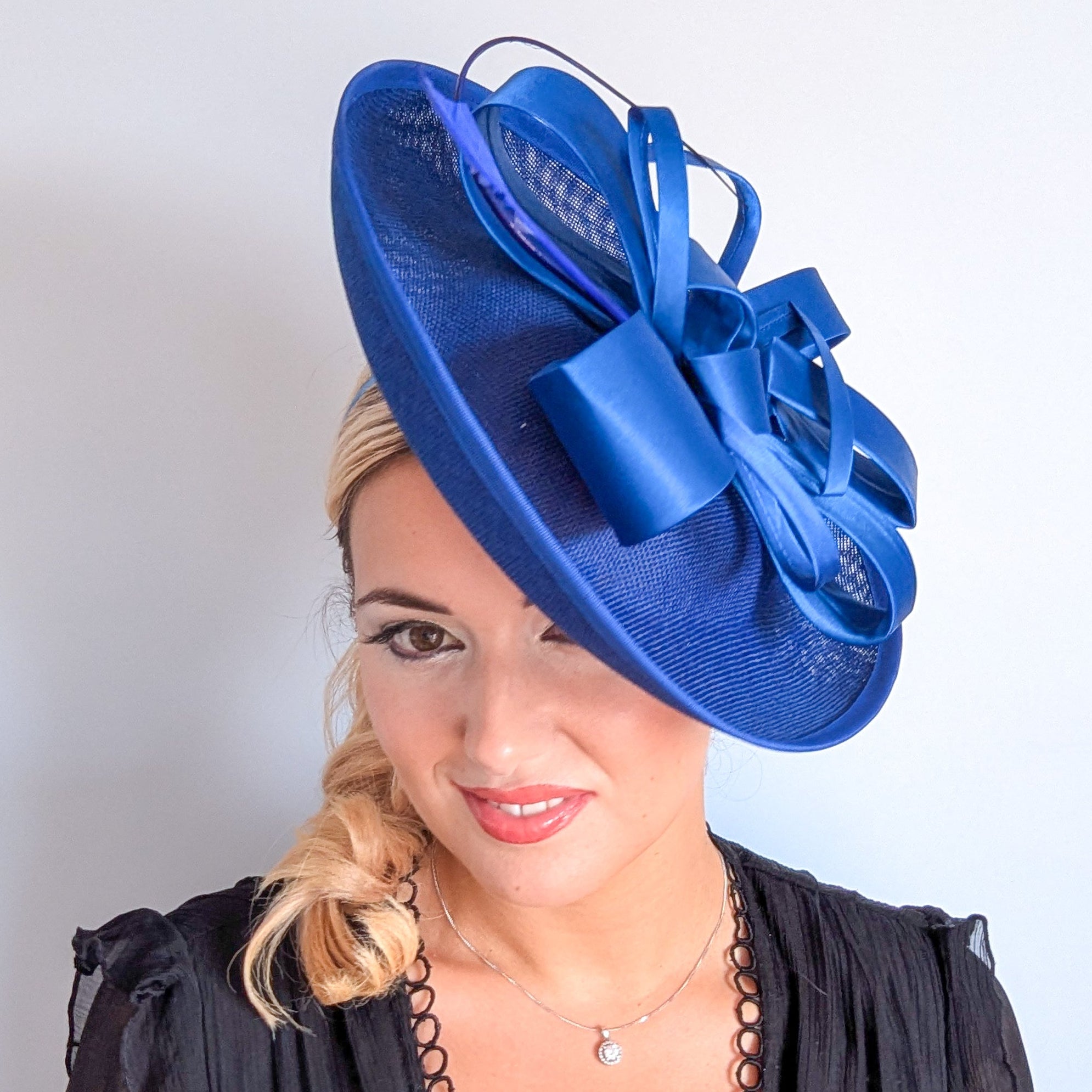 Royal cobalt blue feather large saucer disc fascinator hat