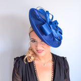 Royal cobalt blue feather large saucer disc fascinator hat