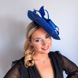 Royal cobalt blue feather large saucer disc fascinator hat