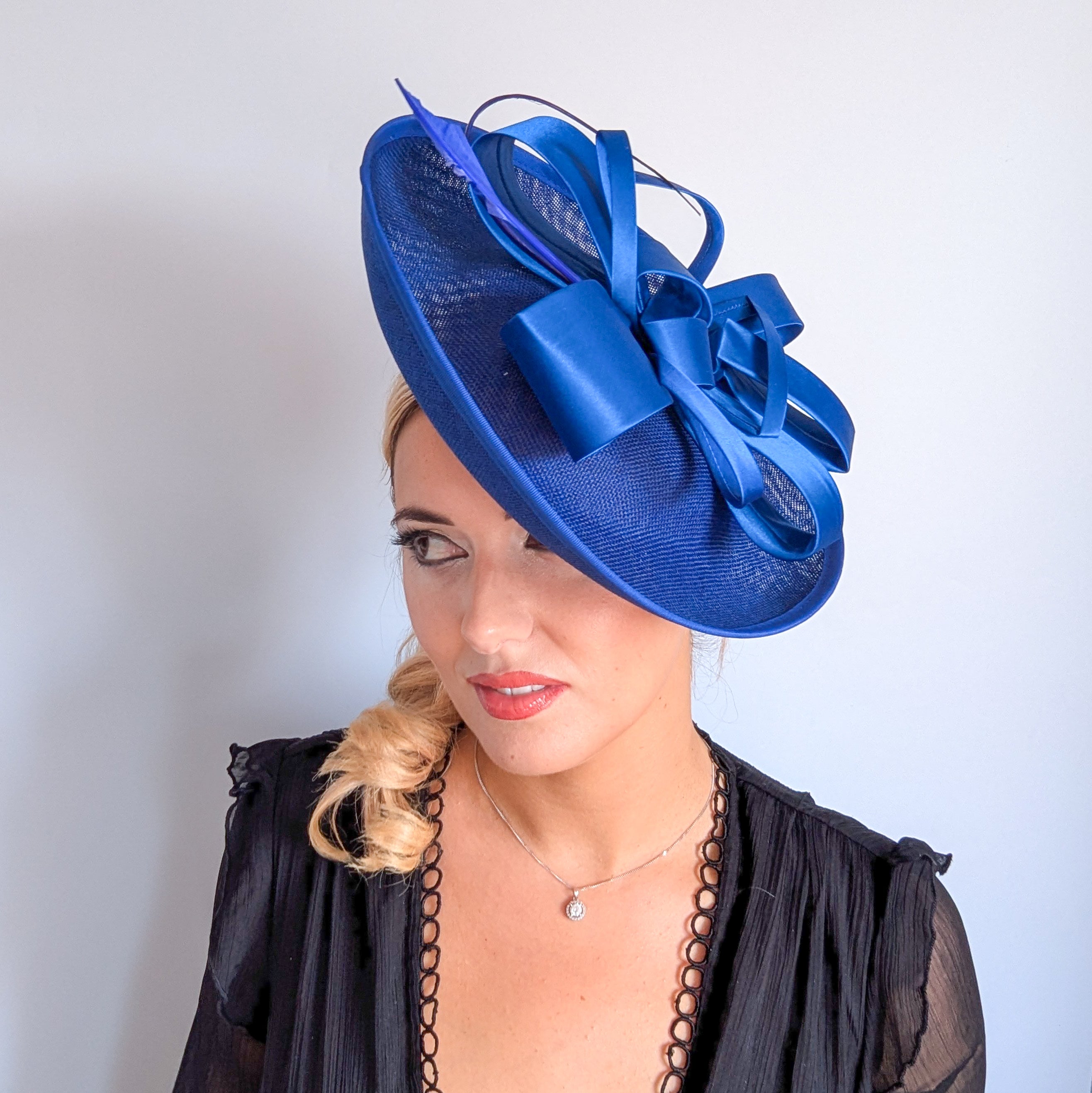 Royal cobalt blue feather large saucer disc fascinator hat