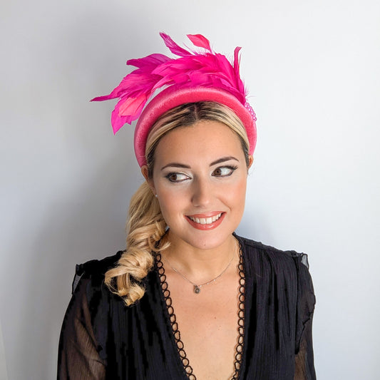 Magenta hot pink feather padded velvet headband fascinator