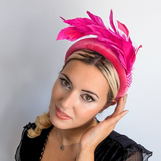 Magenta hot pink feather padded velvet headband fascinator