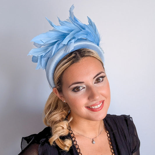 Light cornflower blue feather padded velvet headband fascinator