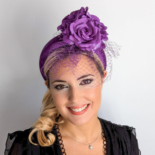 Purple flower padded velvet headband fascinator