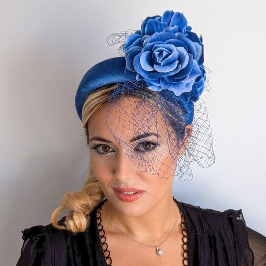 Royal blue flower padded velvet headband fascinator