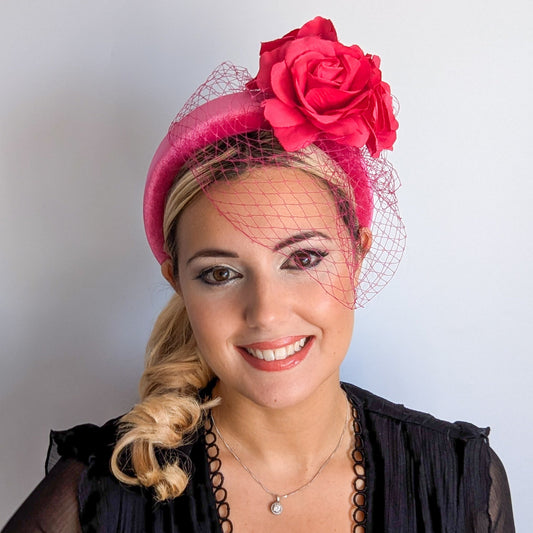 Hot pink flower padded velvet headband fascinator
