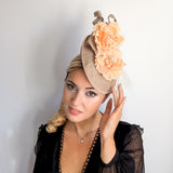 Caramel beige flower fascinator disc saucer hat