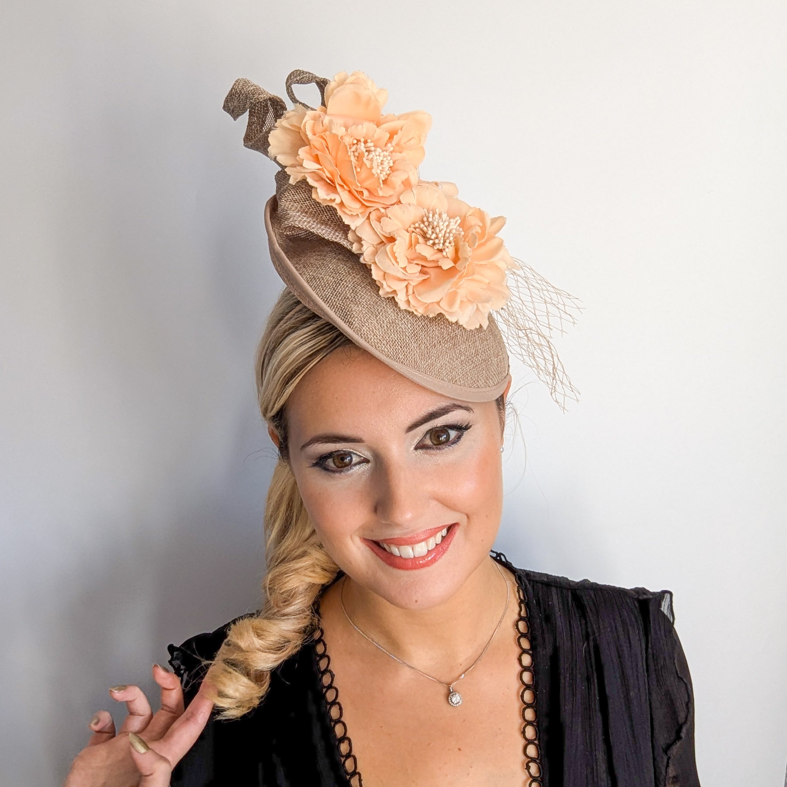 Caramel beige flower fascinator disc saucer hat