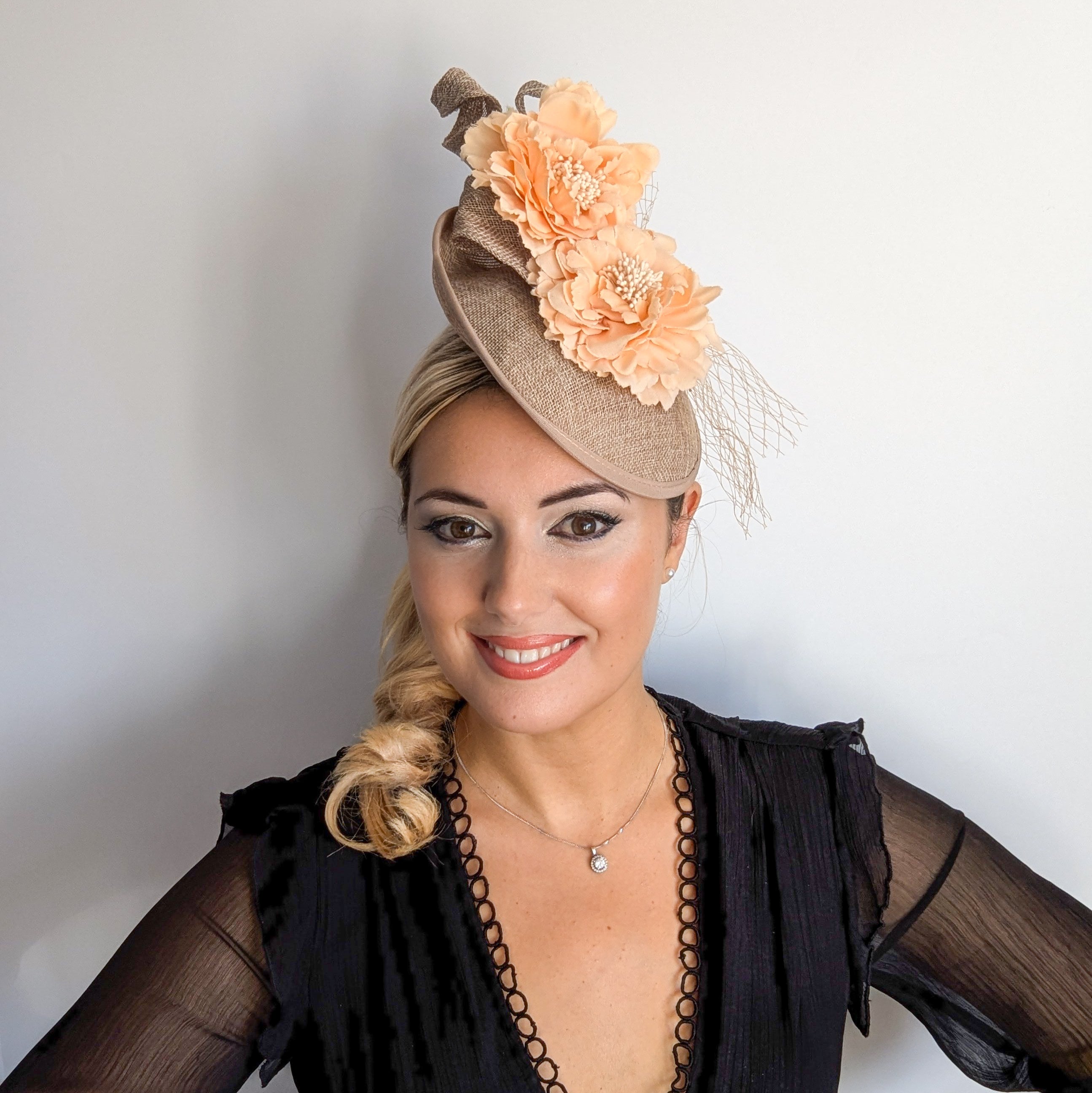 Caramel beige flower fascinator disc saucer hat