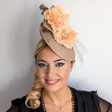 Caramel beige flower fascinator disc saucer hat
