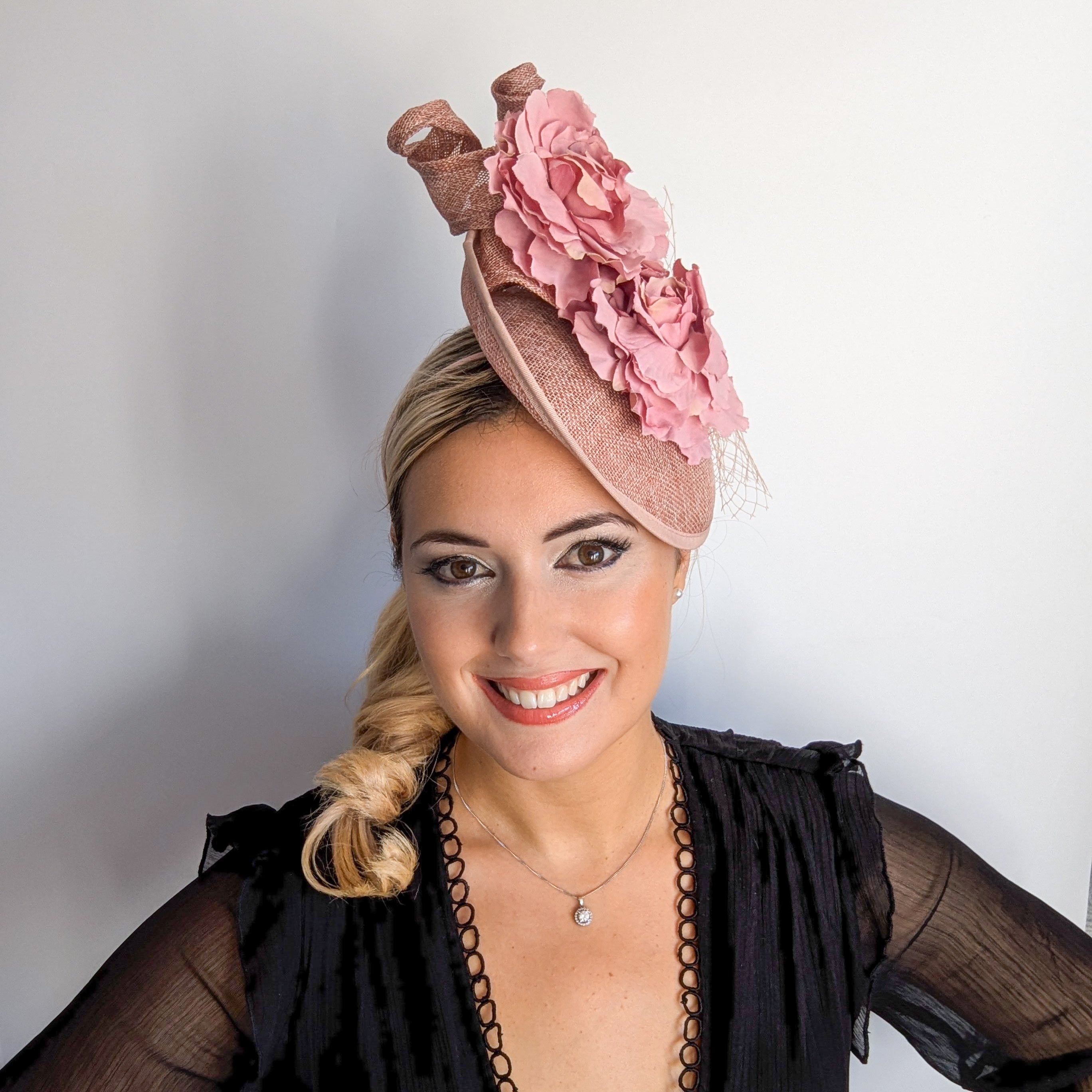 Blush pink flower fascinator disc saucer hat
