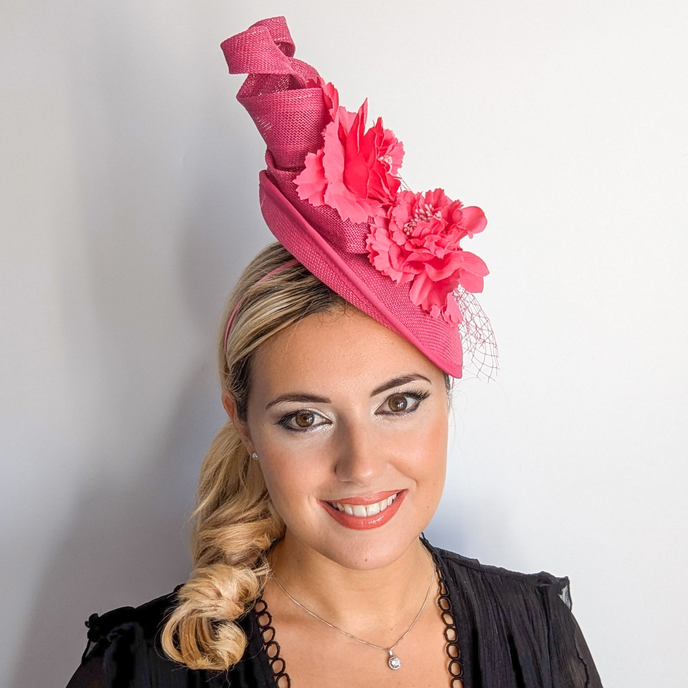 Fuchsia pink flower fascinator disc saucer hat