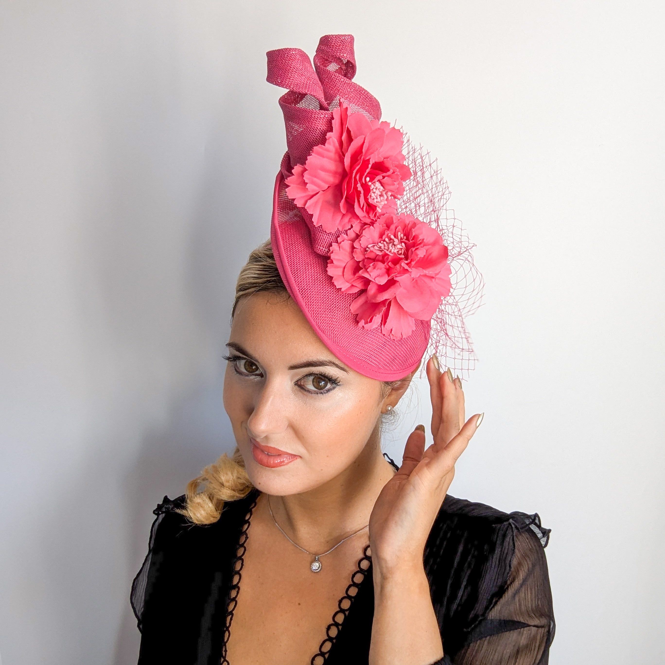 Fuchsia pink flower fascinator disc saucer hat