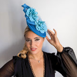 Sea blue flower fascinator disc saucer hat