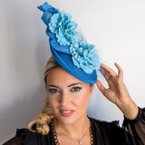 Sea blue flower fascinator disc saucer hat