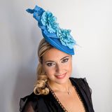 Sea blue flower fascinator disc saucer hat