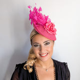 Fuchsia pink flower feather disc saucer fascinator hat