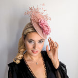 Blush pink flower feather disc saucer fascinator hat