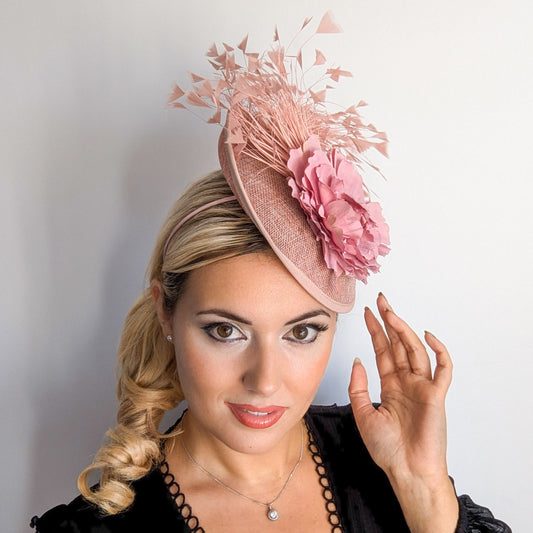 Blush pink flower feather disc saucer fascinator hat