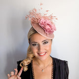 Blush pink flower feather disc saucer fascinator hat