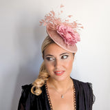 Blush pink flower feather disc saucer fascinator hat