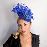 Royal cobalt blue flower feather disc saucer fascinator hat