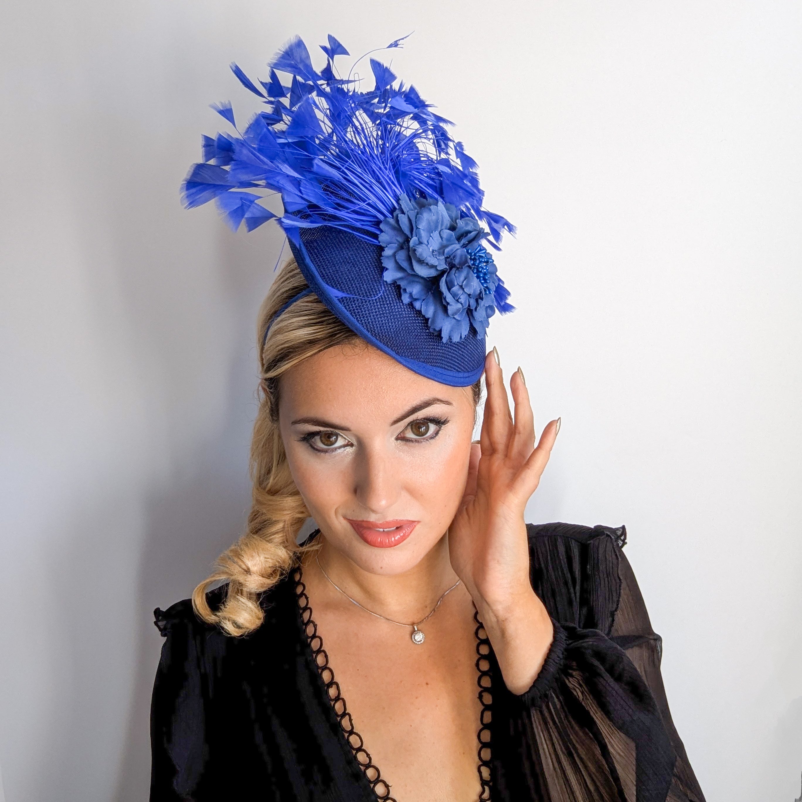 Royal cobalt blue flower feather disc saucer fascinator hat