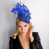 Royal cobalt blue flower feather disc saucer fascinator hat