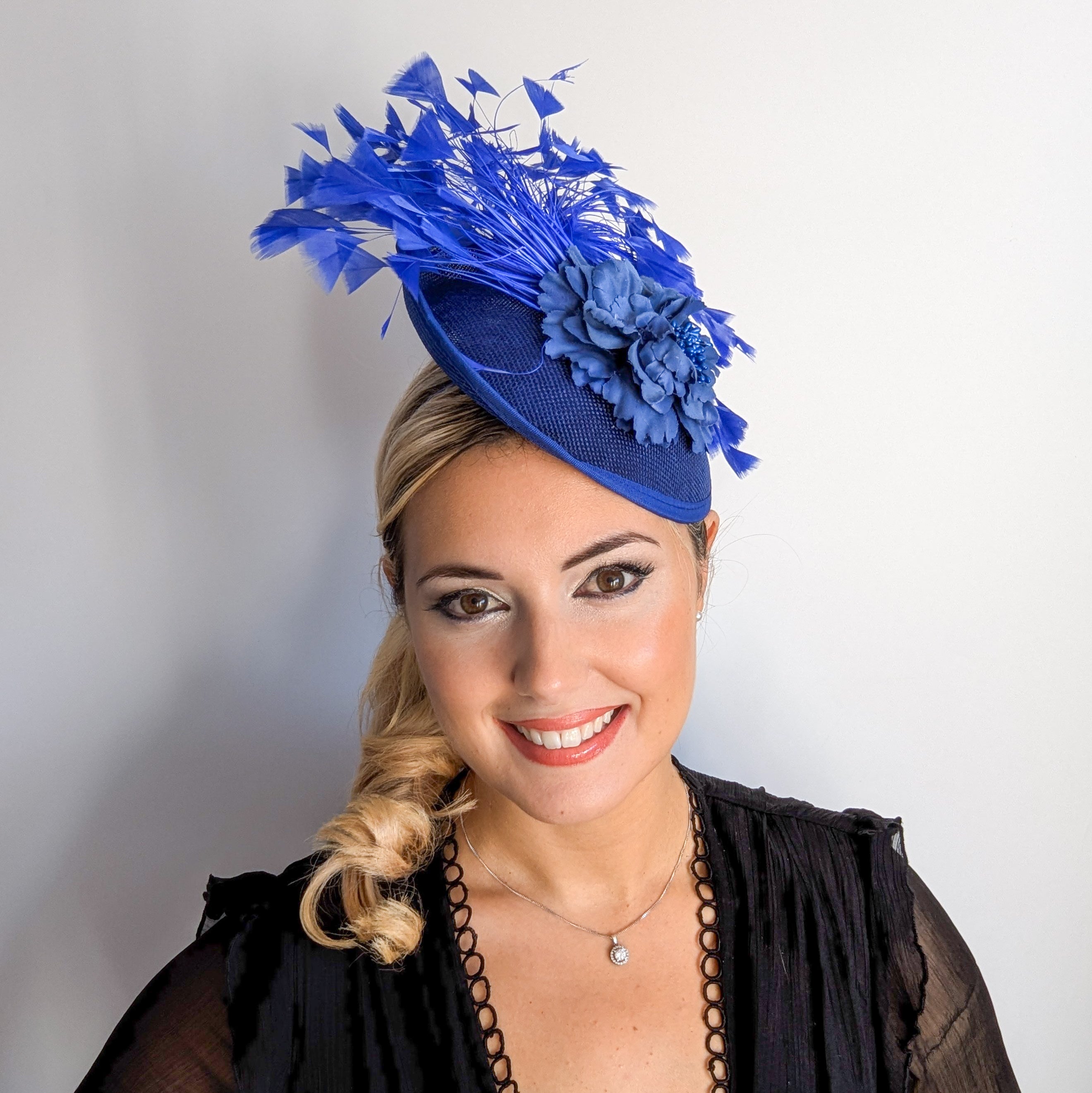 Royal cobalt blue flower feather disc saucer fascinator hat