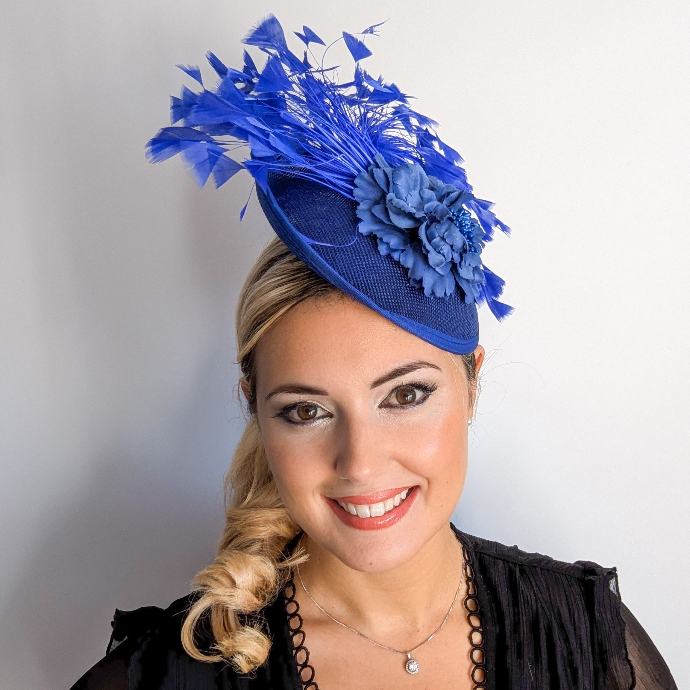 Royal cobalt blue flower feather disc saucer fascinator hat