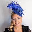 Royal cobalt blue flower feather disc saucer fascinator hat
