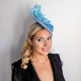 Light cornflower blue flower feather disc saucer fascinator hat