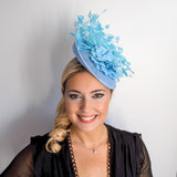 Light cornflower blue flower feather disc saucer fascinator hat