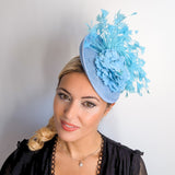 Light cornflower blue flower feather disc saucer fascinator hat