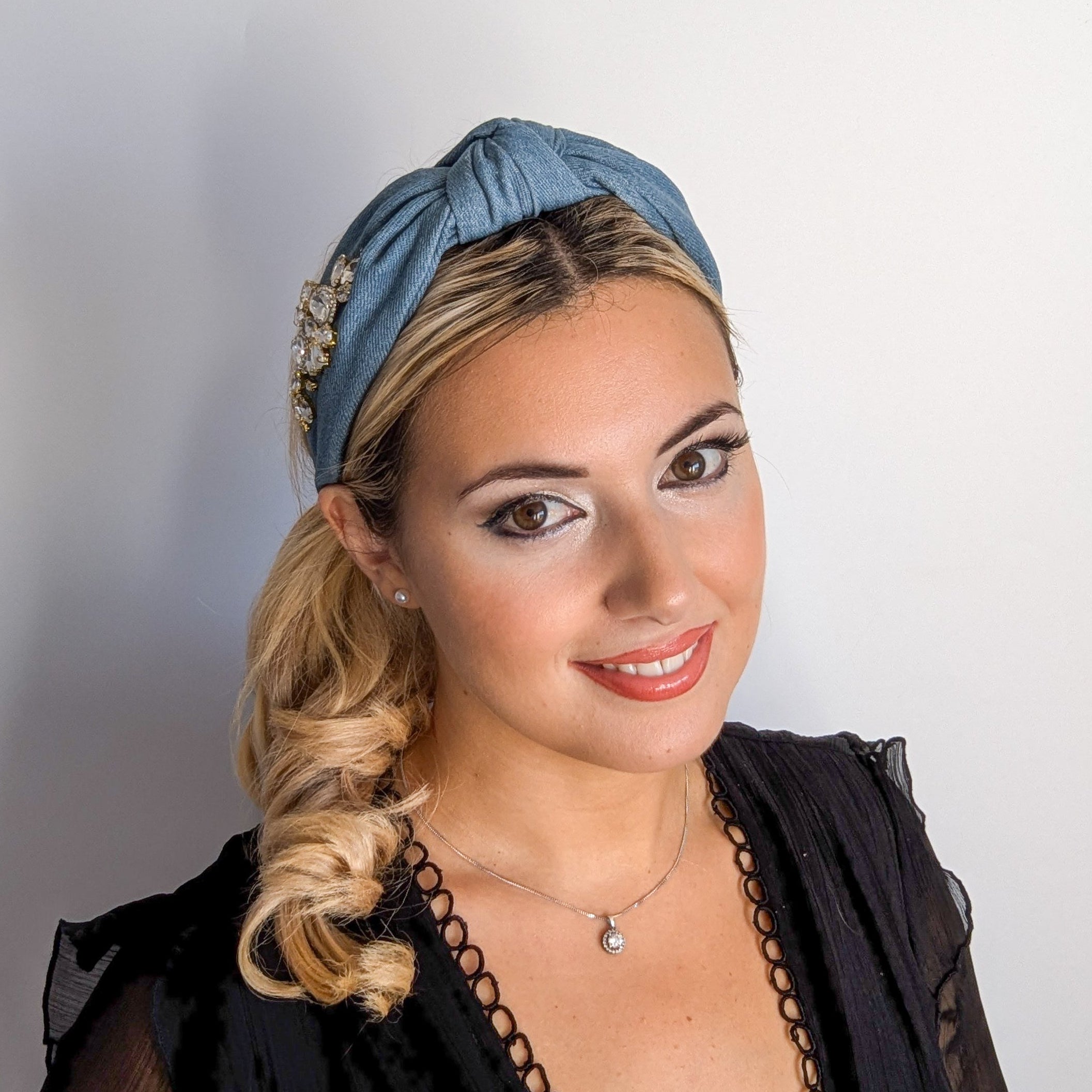 Denim crystal knot headband fascinator