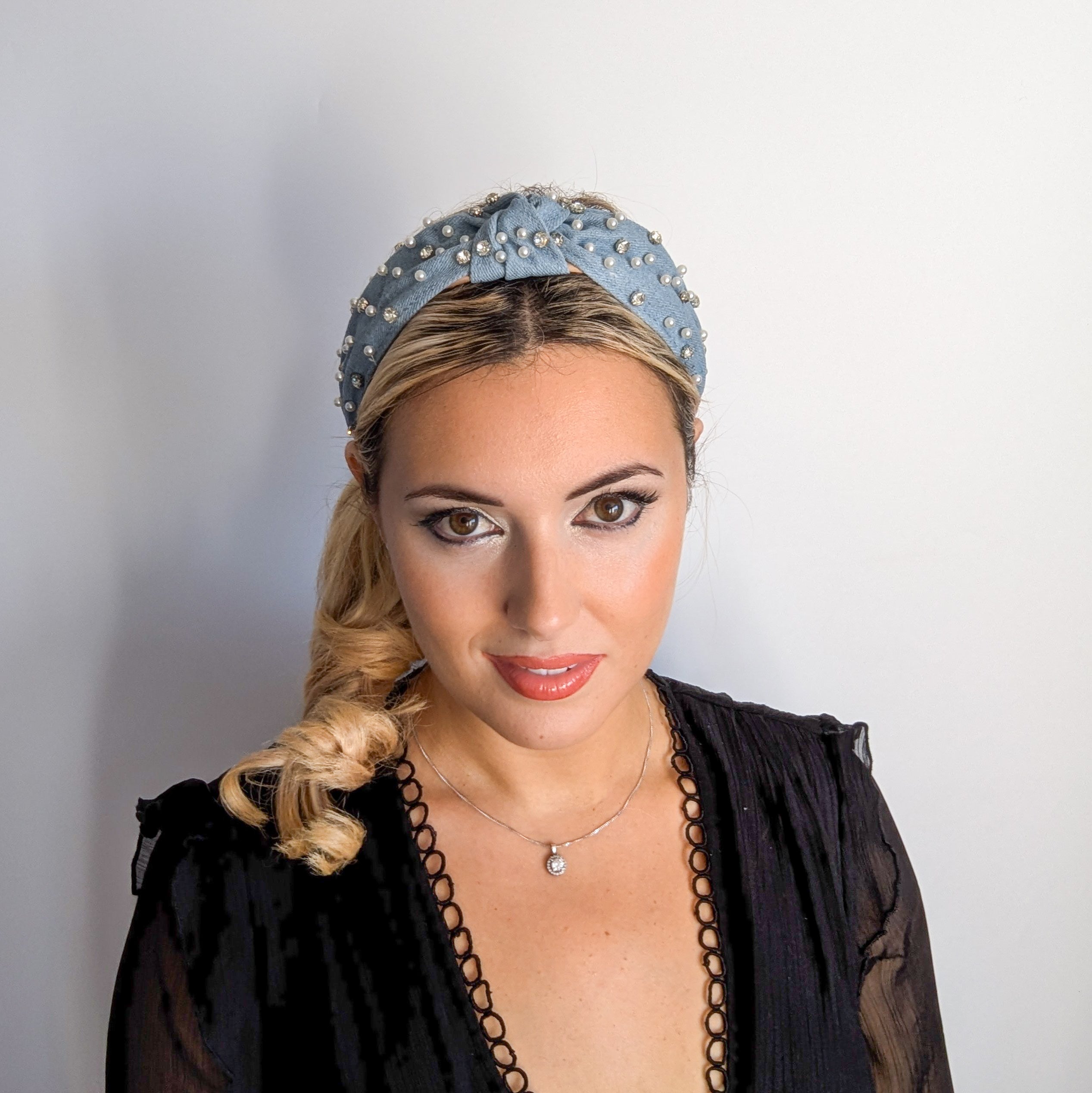 Light denim crystal pearl knot headband fascinator