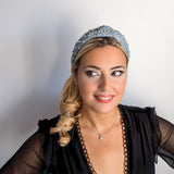 Light denim crystal pearl knot headband fascinator