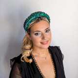 Emerald green crystal padded satin headband fascinator