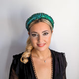 Emerald green crystal padded satin headband fascinator