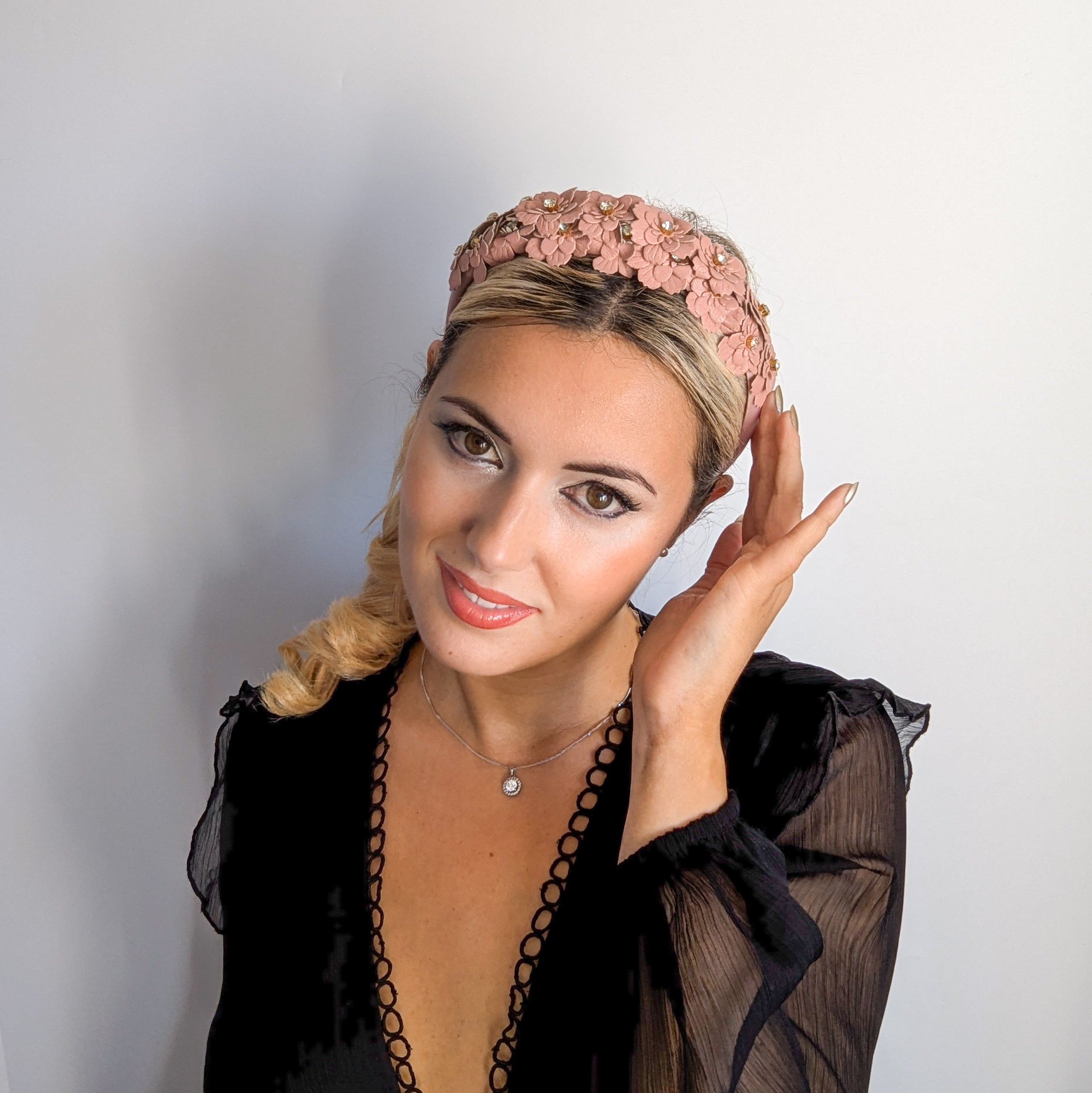 Dusty rose pink crystal flower headband fascinator