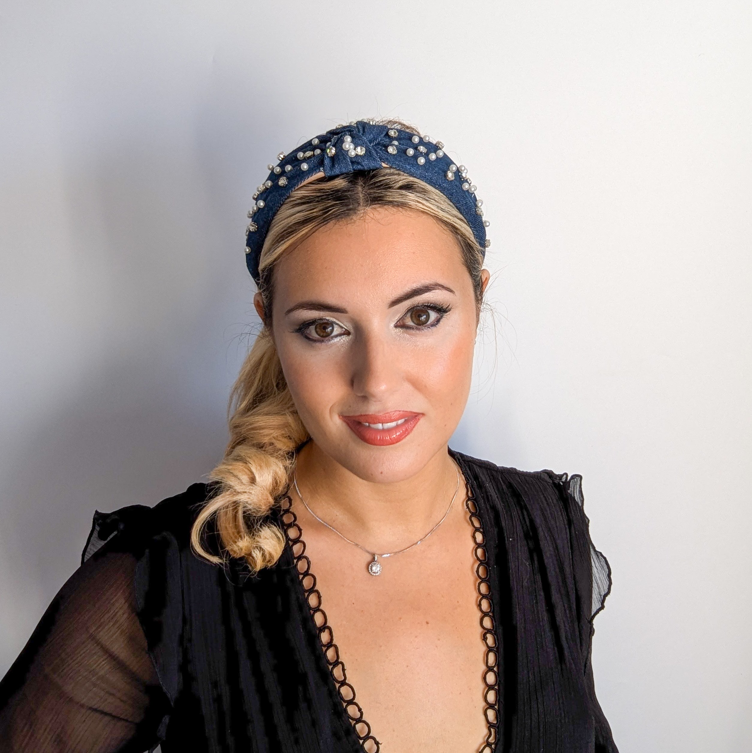 Dark denim crystal pearl knot headband fascinator