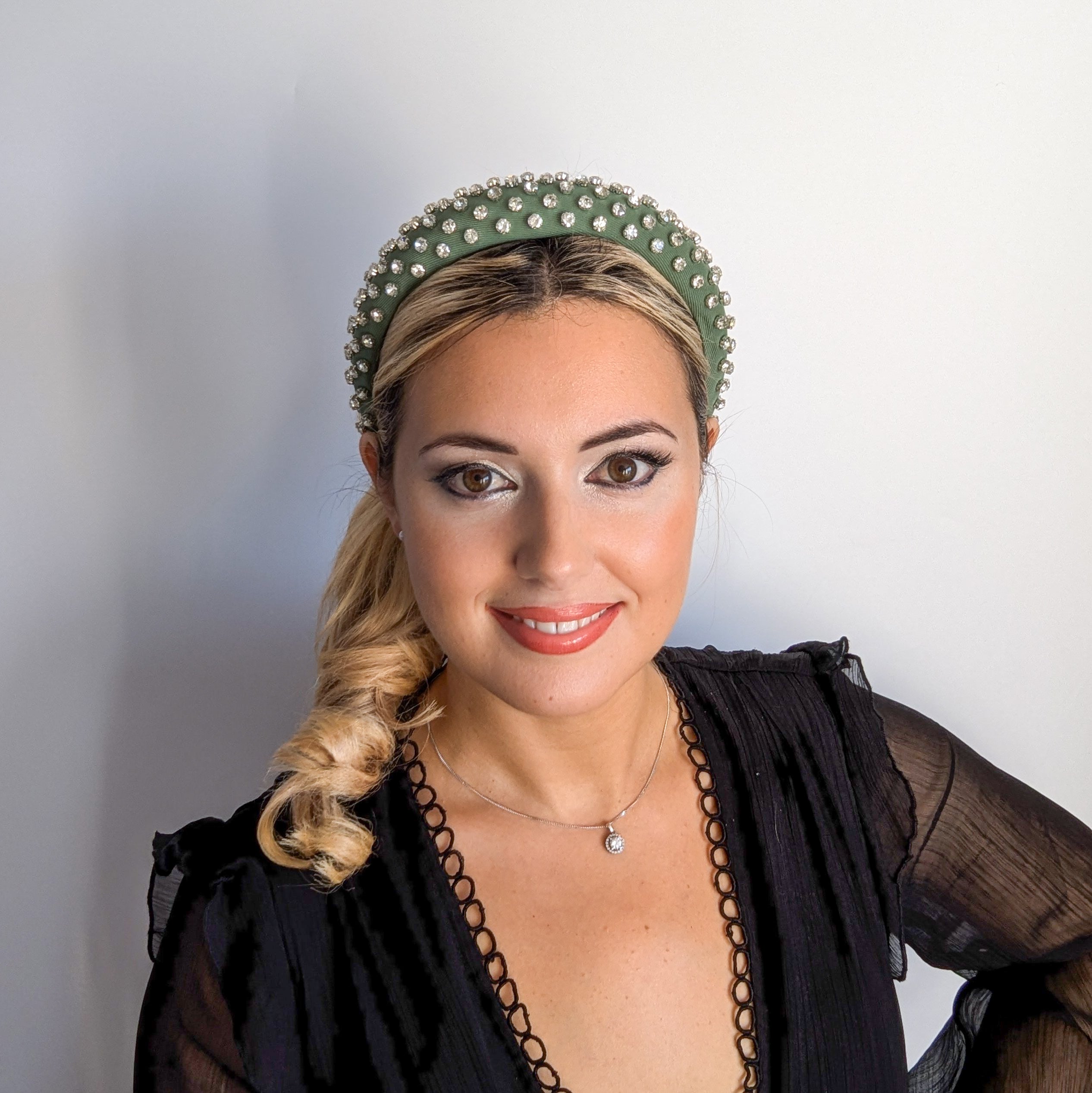 Dark sage green crystal padded headband fascinator