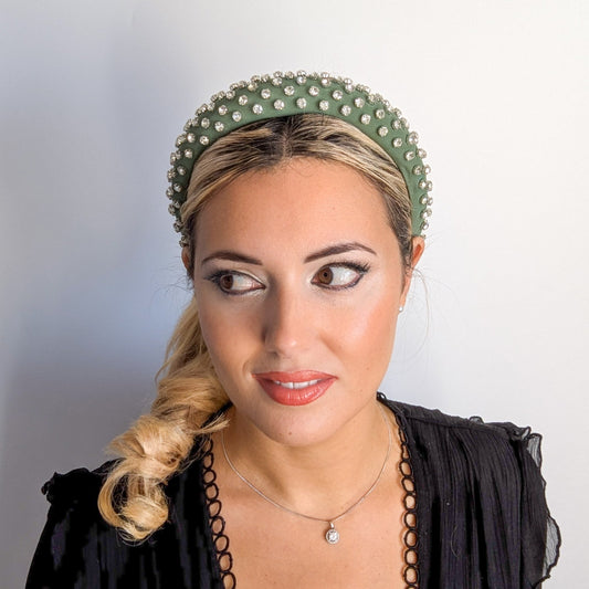 Dark sage green crystal padded headband fascinator