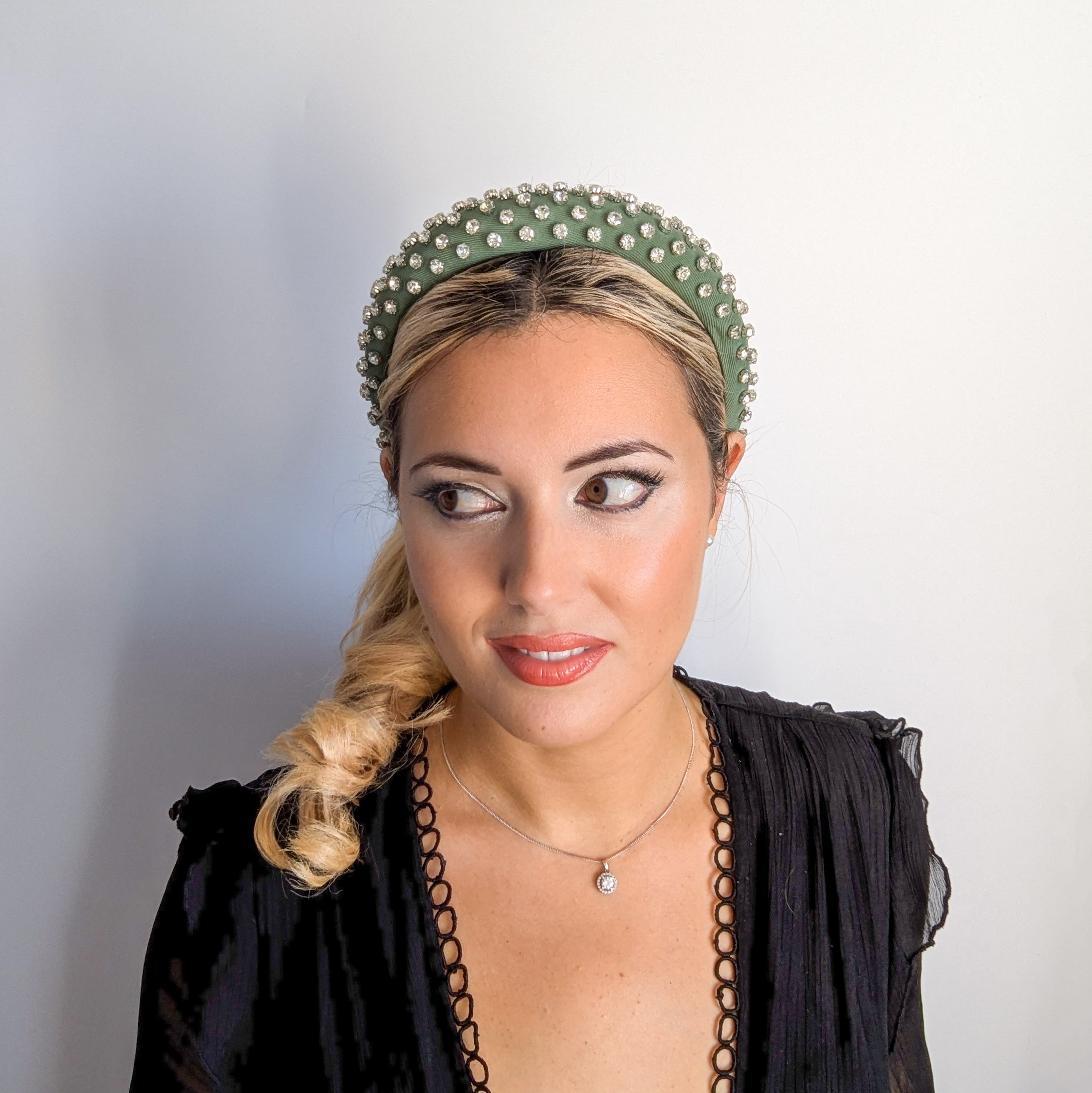 Dark sage green crystal padded headband fascinator