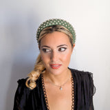 Dark sage green crystal padded headband fascinator